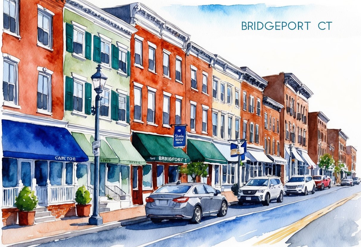 A bustling street in Bridgeport, CT lined with charming old buildings, some newly renovated for real estate investment