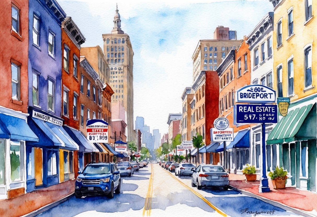 A bustling city street in Bridgeport, CT, with rows of diverse buildings and signs advertising real estate opportunities