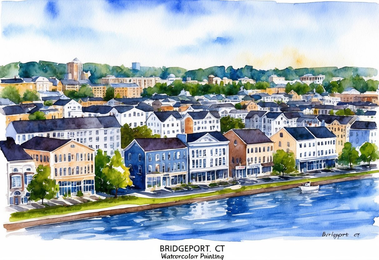 A bustling cityscape of Bridgeport, CT with rows of residential and commercial buildings, showcasing the potential for real estate investment