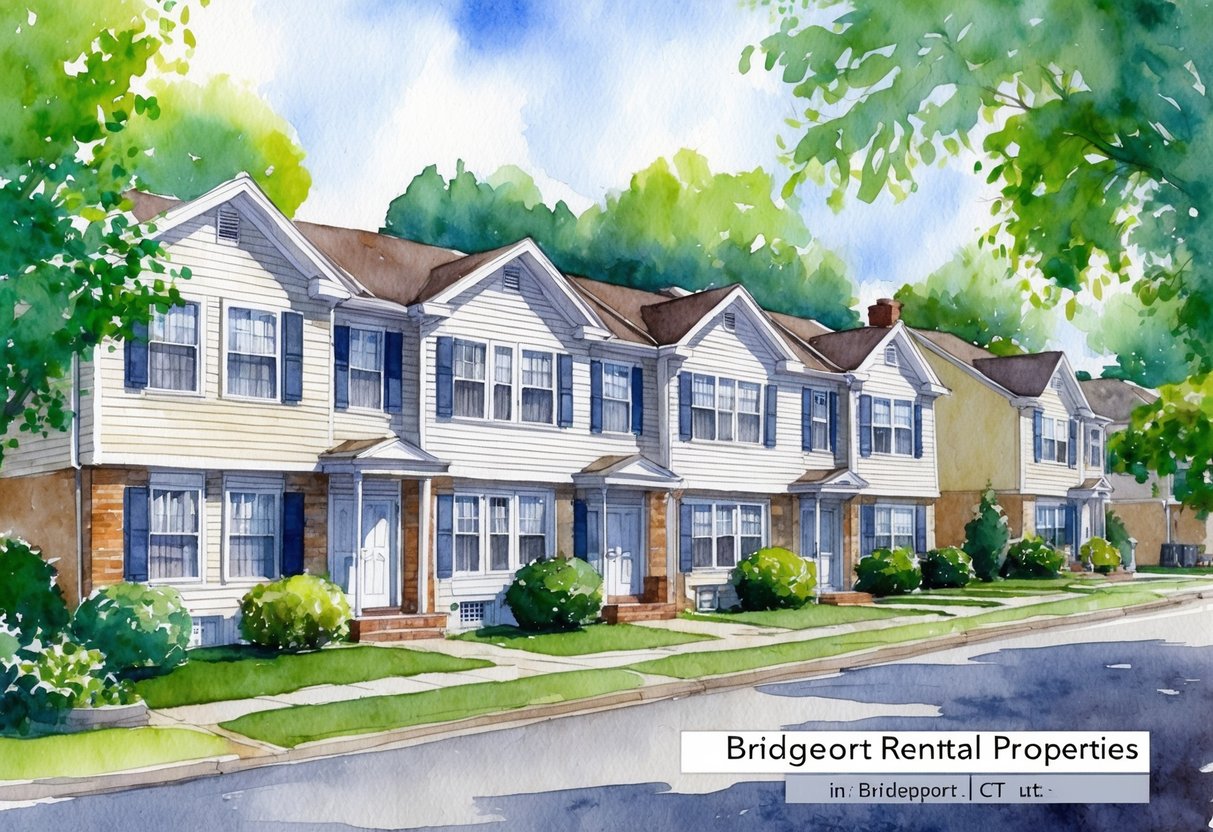 A row of well-maintained rental properties in Bridgeport, CT, surrounded by lush greenery and situated in a quiet, residential neighborhood