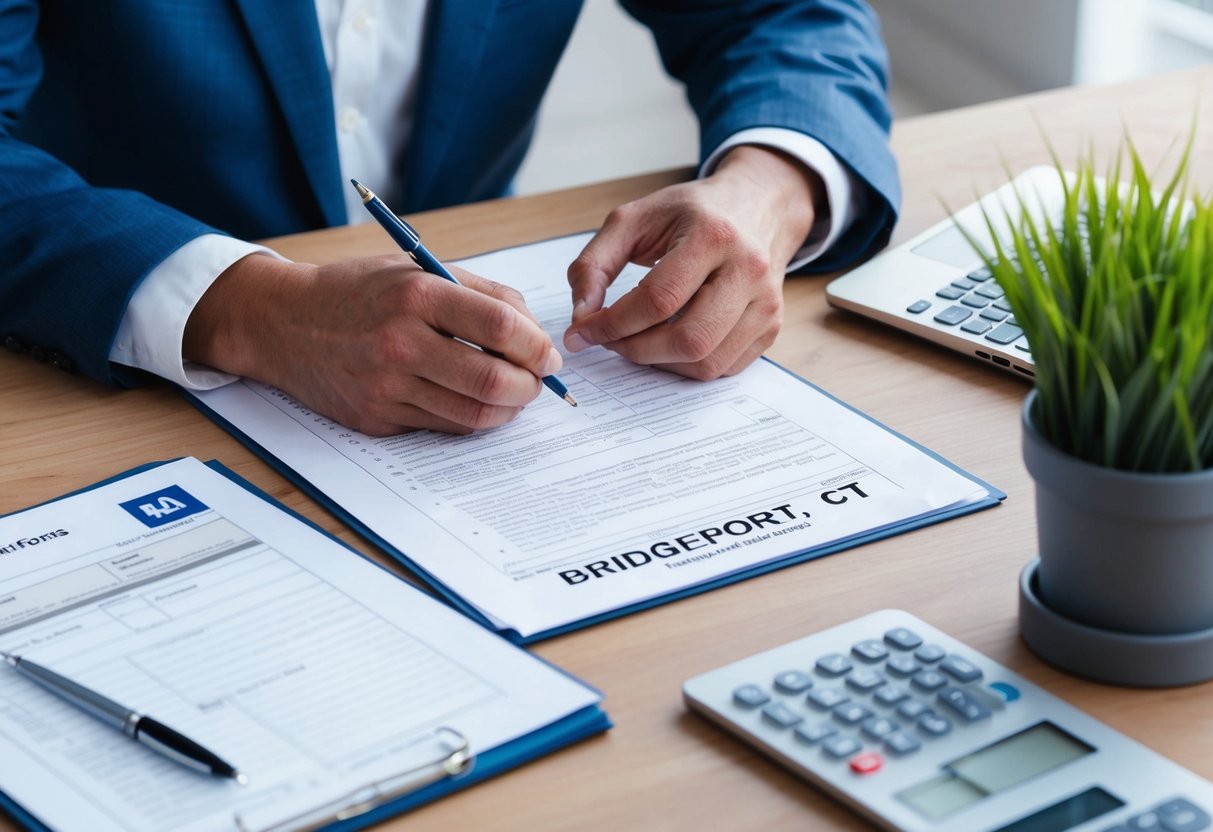 A person reviewing legal documents and tax forms related to real estate in Bridgeport, CT
