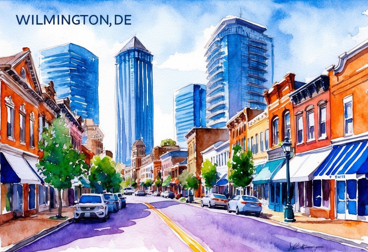 A bustling street in Wilmington, DE lined with historic buildings and modern skyscrapers, showcasing the diverse real estate investment opportunities in the city