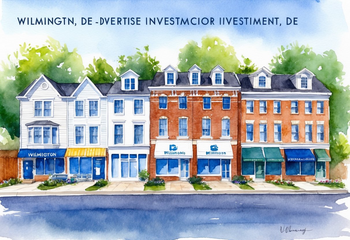 A row of diverse investment properties in Wilmington, DE, showcasing residential homes, commercial buildings, and multi-family units