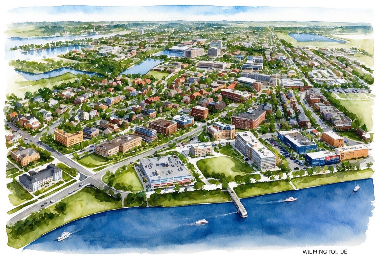 Aerial view of Wilmington, DE with diverse neighborhoods, parks, and commercial areas