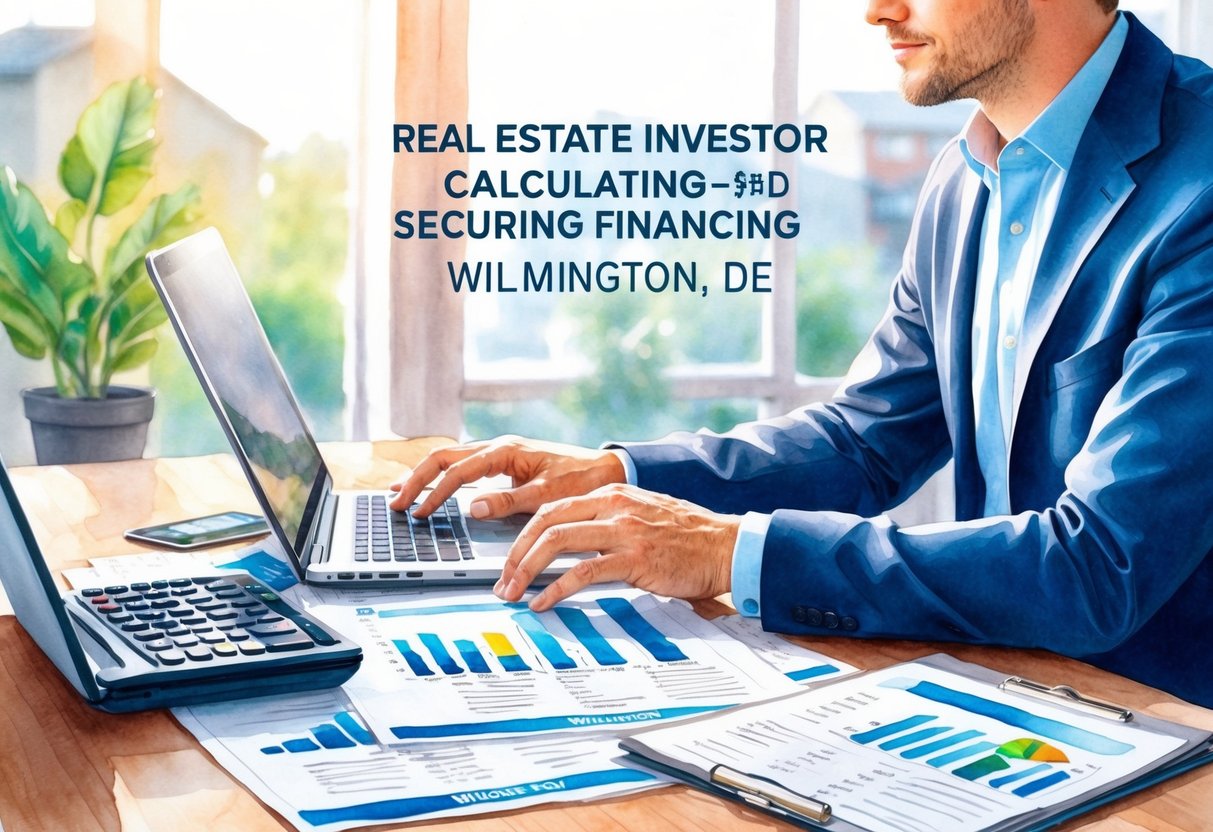 A real estate investor sits at a desk, calculating returns and securing financing for properties in Wilmington, DE. A laptop, calculator, and paperwork are spread out in front of them