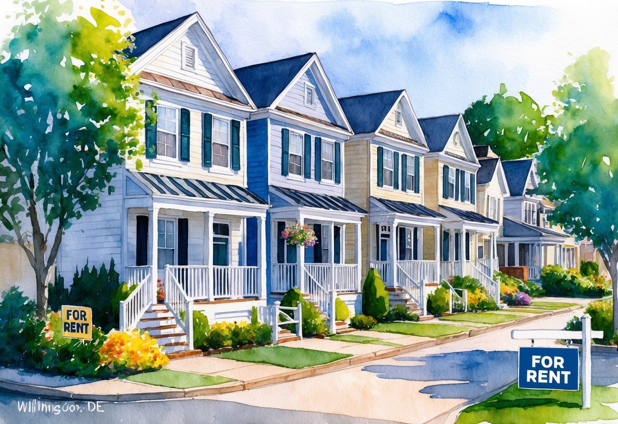 A charming row of rental properties in Wilmington, DE, with "For Rent" signs displayed, surrounded by lush landscaping and a vibrant neighborhood