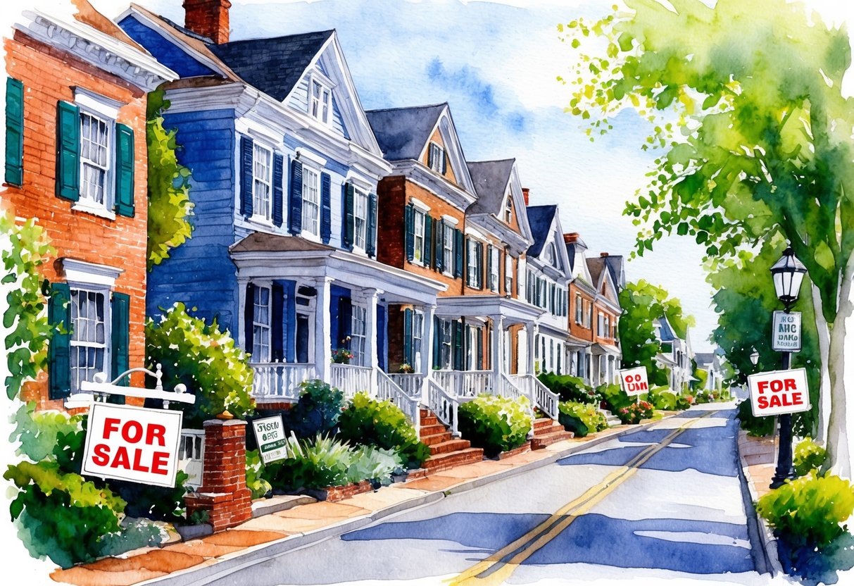 A quaint street in Dover, DE lined with historic homes and "For Sale" signs, surrounded by lush greenery and a sense of opportunity