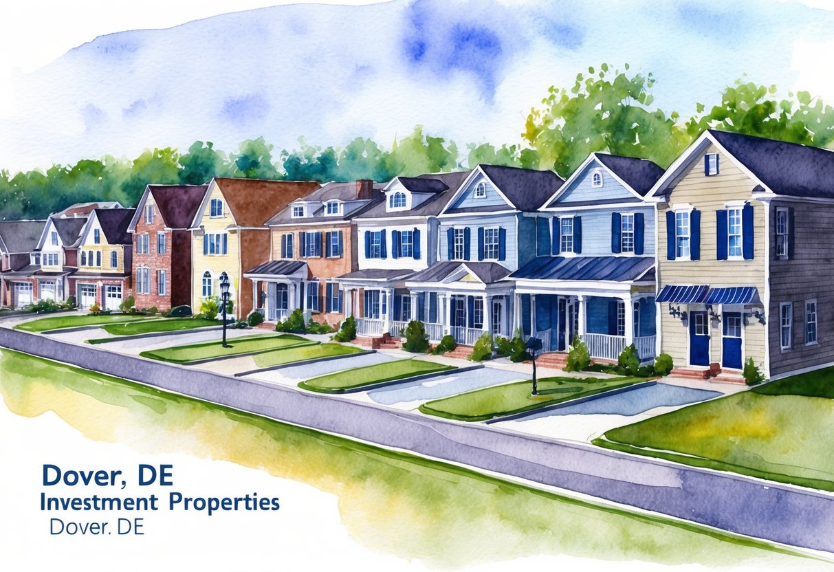 A row of diverse investment properties in Dover, DE, including single-family homes, multi-family units, and commercial buildings