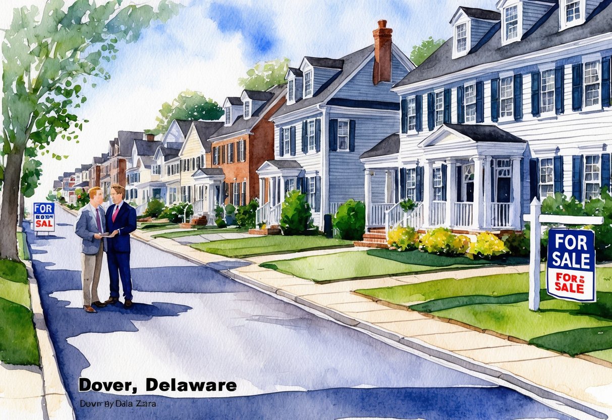 A suburban street in Dover, Delaware with rows of houses and "For Sale" signs. A real estate agent meets with potential investors outside a charming colonial-style home