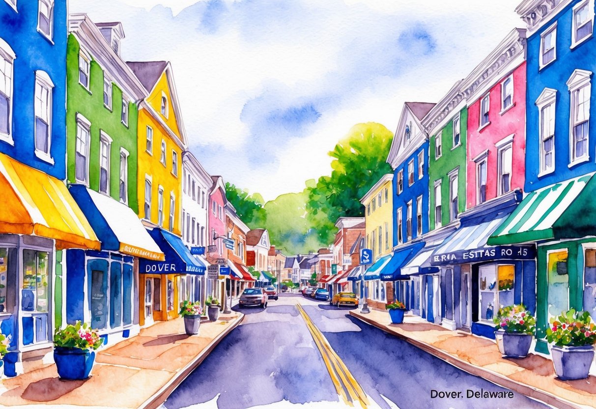 A bustling street in Dover, Delaware, lined with diverse real estate properties and investment opportunities. Brightly colored buildings and busy storefronts indicate a thriving real estate market