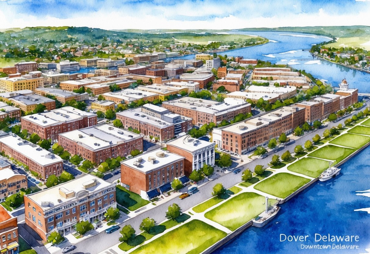 Aerial view of downtown Dover, Delaware with rows of residential and commercial buildings, parks, and waterfront along the St. Jones River