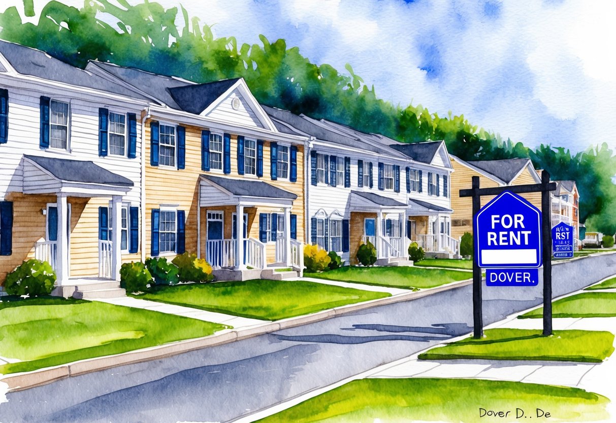 A row of well-maintained rental properties in Dover, DE, with "For Rent" signs and a property management office nearby