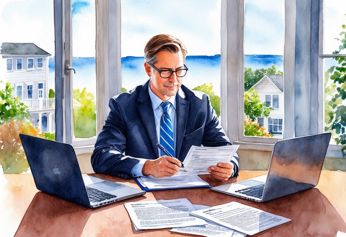 A real estate investor in Dover, DE reviews legal documents and regulations at a desk with a laptop and paperwork