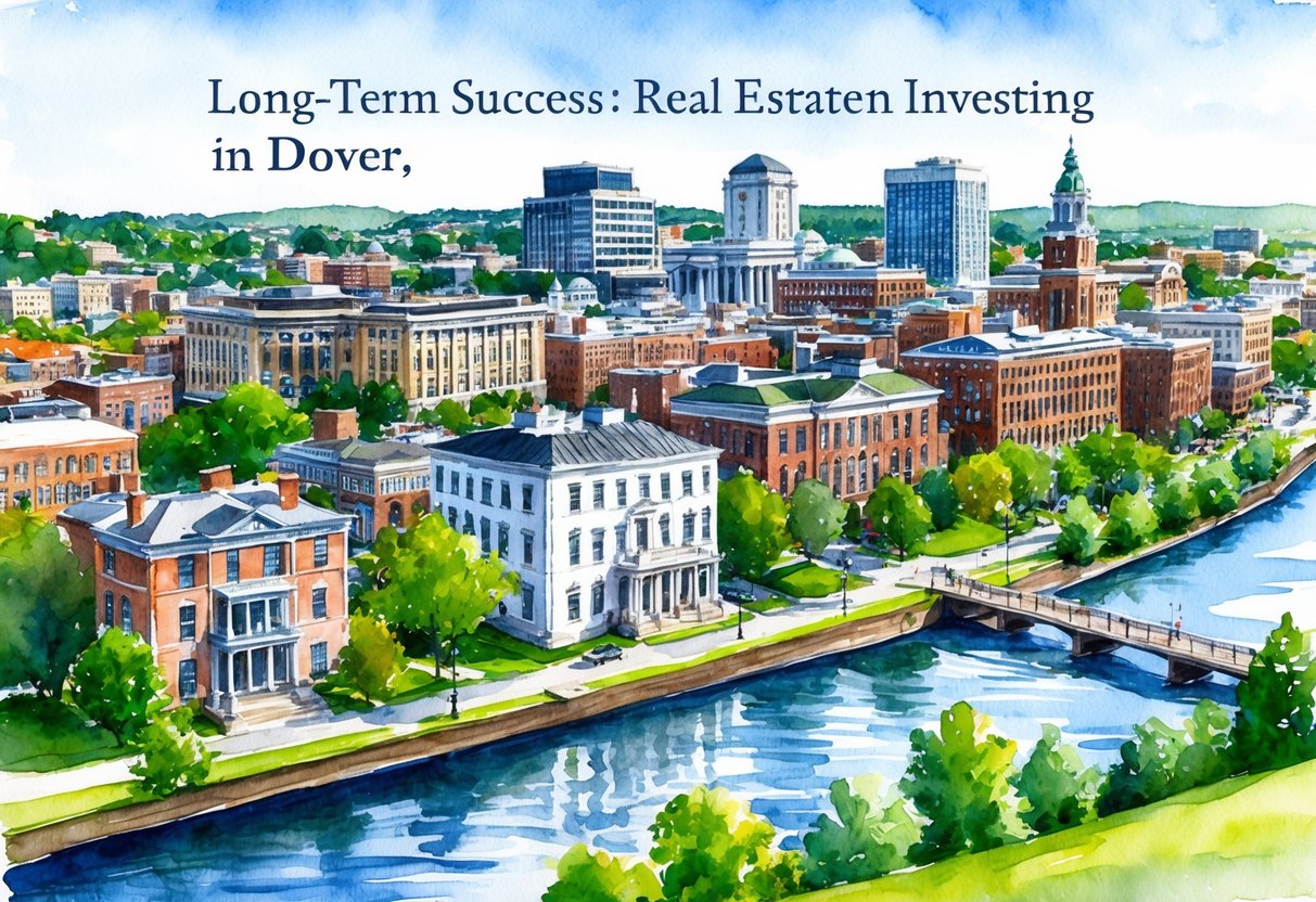 A bustling cityscape with a mix of historic and modern buildings, surrounded by lush greenery and a river, symbolizing long-term success in real estate investing in Dover, DE