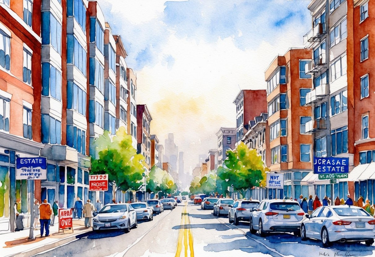 A busy street in Newark, DE lined with modern office buildings and residential properties, with real estate signs and bustling activity