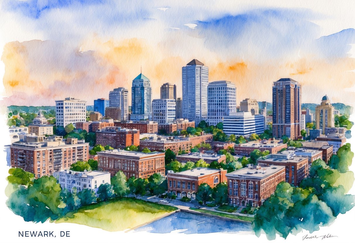 A skyline of Newark, DE with various real estate properties, including residential and commercial buildings, surrounded by trees and a bustling cityscape