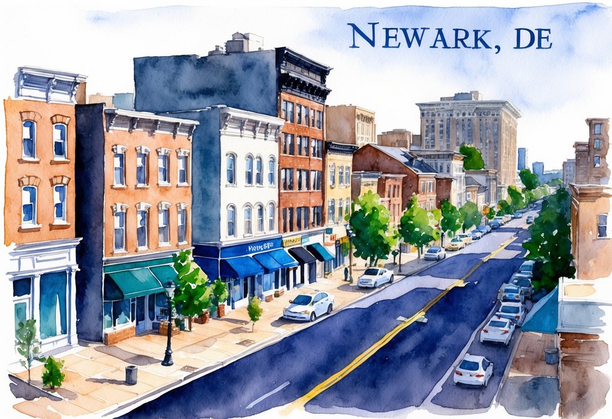 A bustling city street in Newark, DE with various properties and buildings, including residential and commercial real estate. A mix of modern and historic architecture