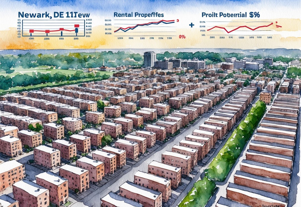 Aerial view of Newark, DE with rows of rental properties and financial charts indicating profit potential