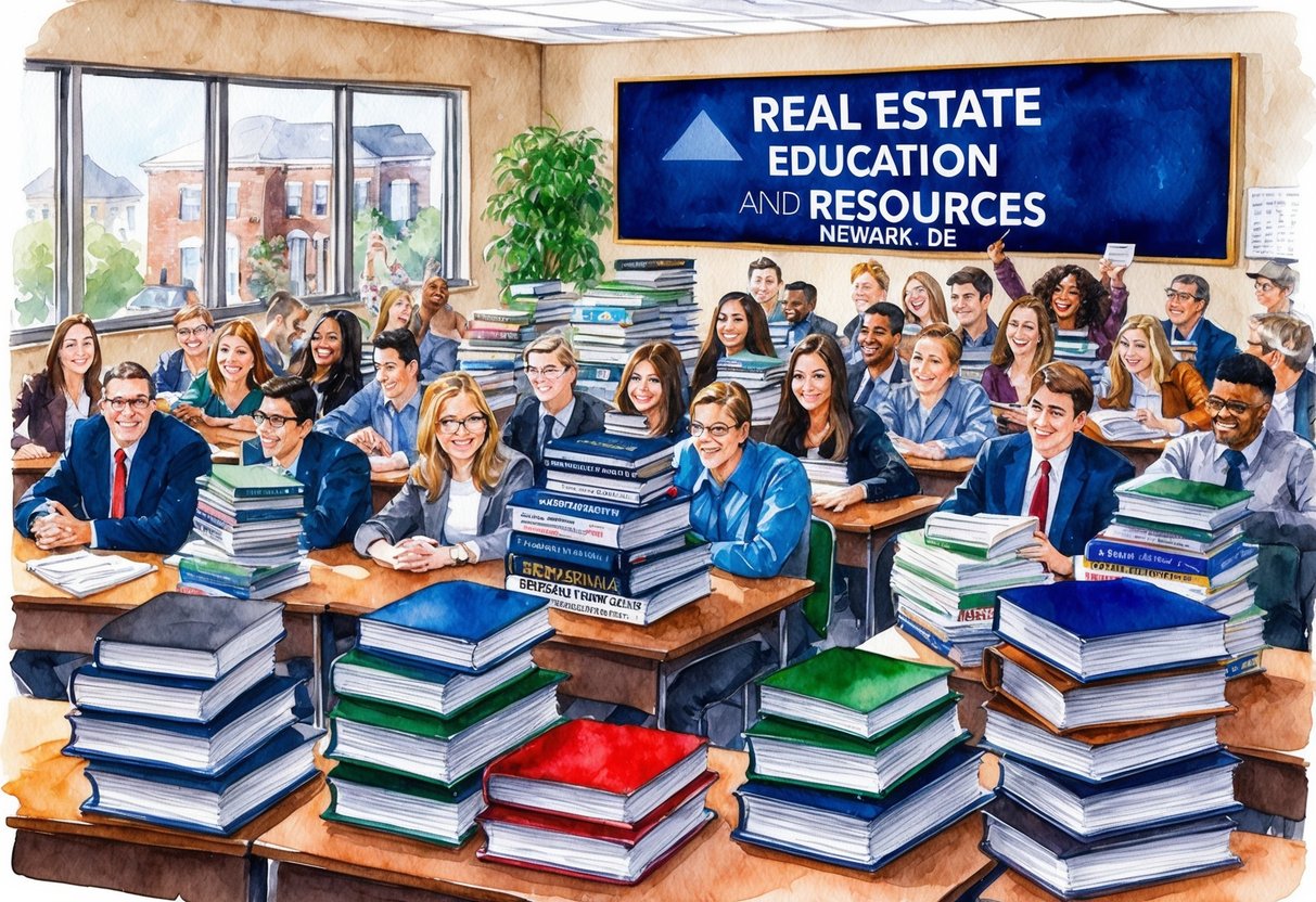 A bustling classroom filled with eager students, surrounded by stacks of real estate textbooks and resources, with a prominent sign reading "Real Estate Education and Resources" in Newark, DE