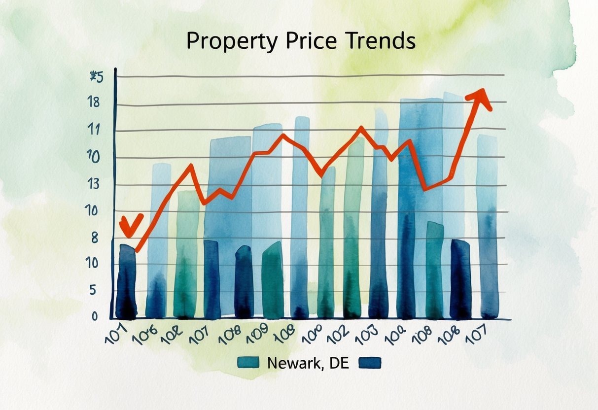 A graph showing property price trends in Newark, DE, with upward and downward arrows indicating fluctuations over time