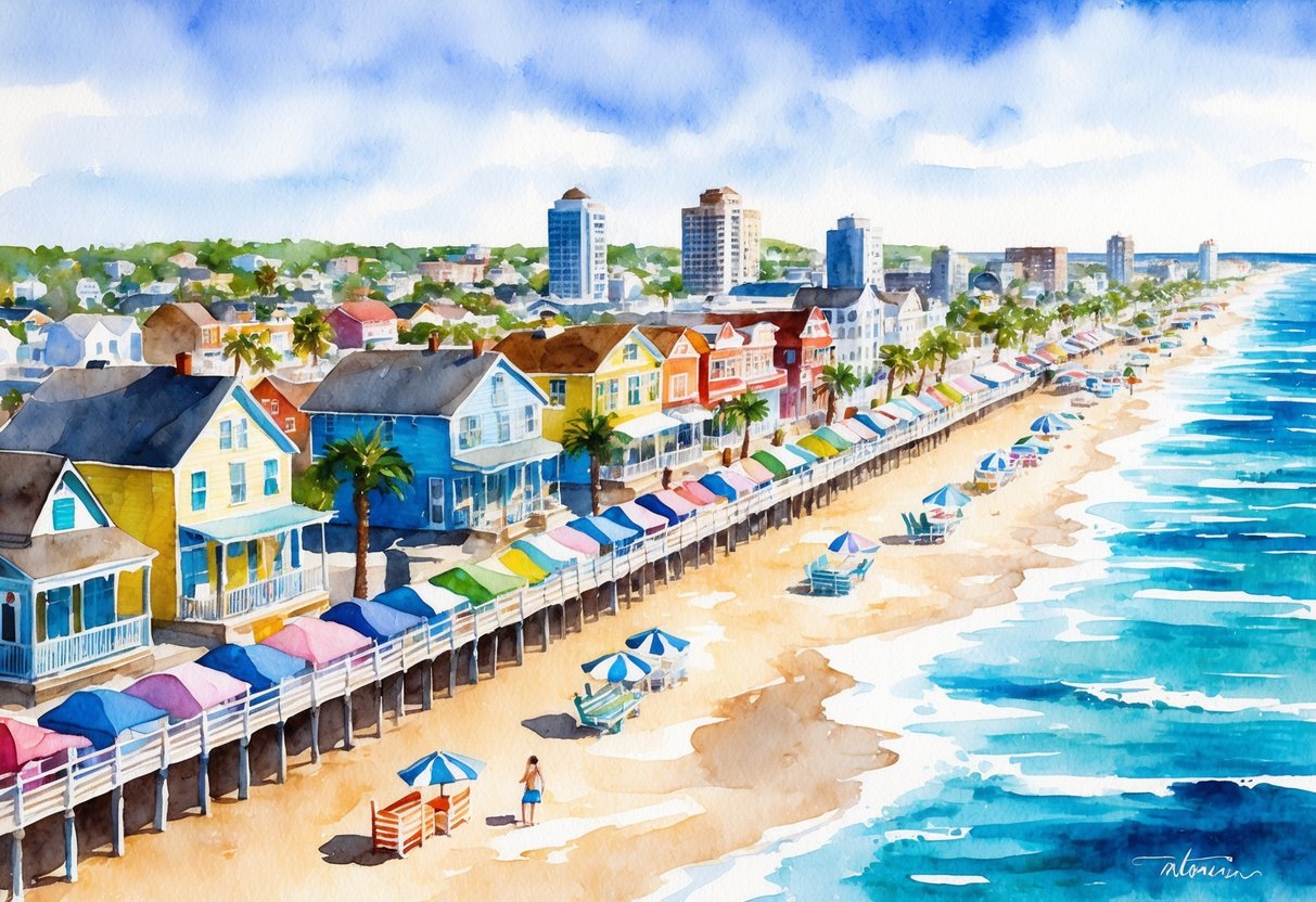 A sunny beach town with colorful houses, palm trees, and a bustling boardwalk, surrounded by the sparkling waters of the Atlantic Ocean