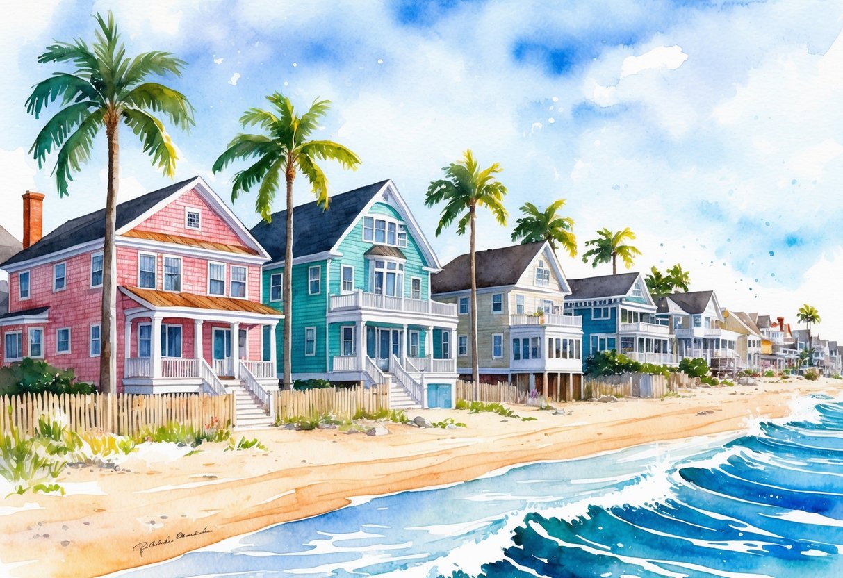A row of colorful beachfront properties in Rehoboth Beach, DE, ranging from cozy cottages to luxurious waterfront estates, surrounded by palm trees and sparkling ocean waves
