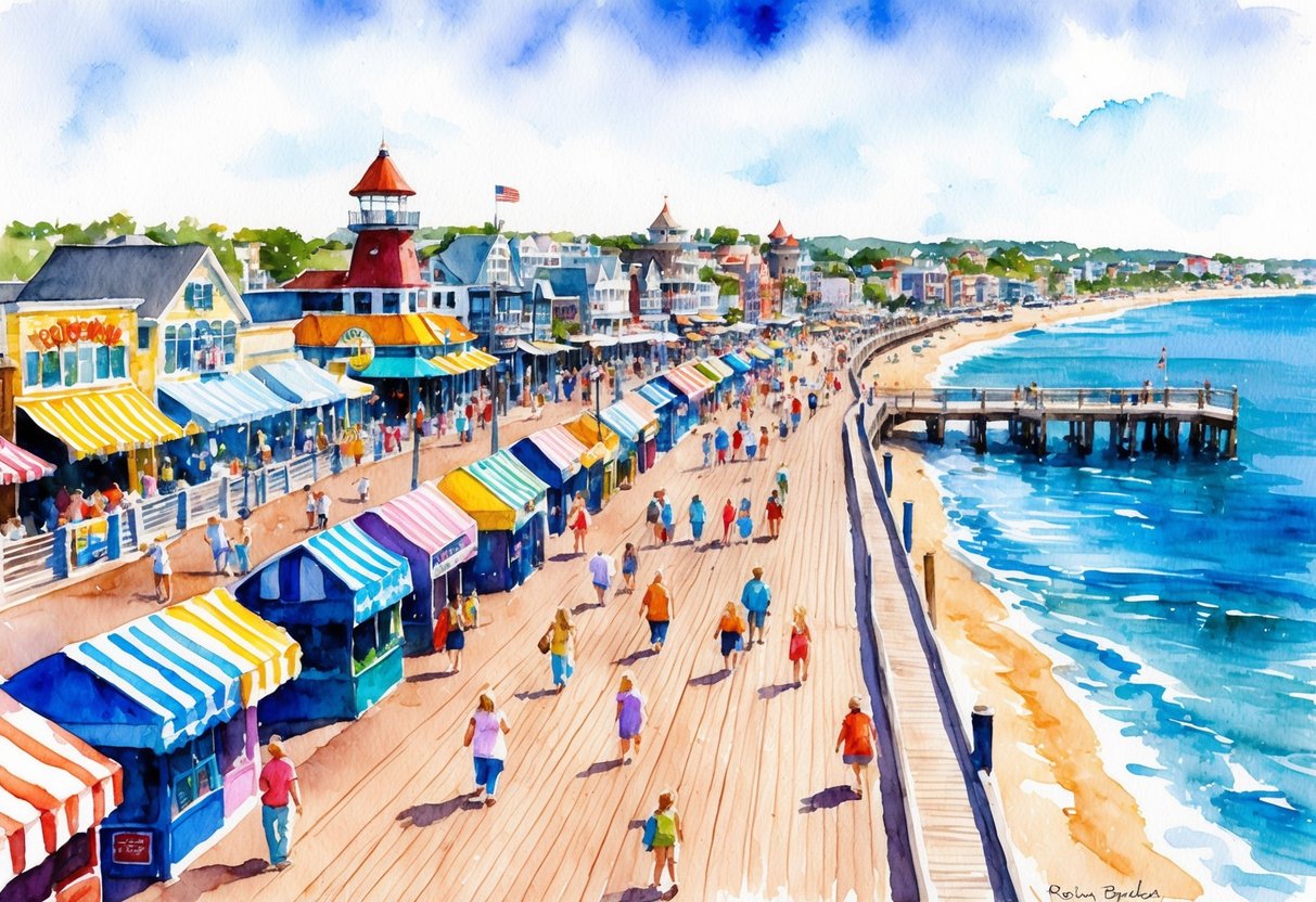 A bustling boardwalk lined with colorful shops and lively entertainment venues, set against the backdrop of Rehoboth Beach's picturesque coastline