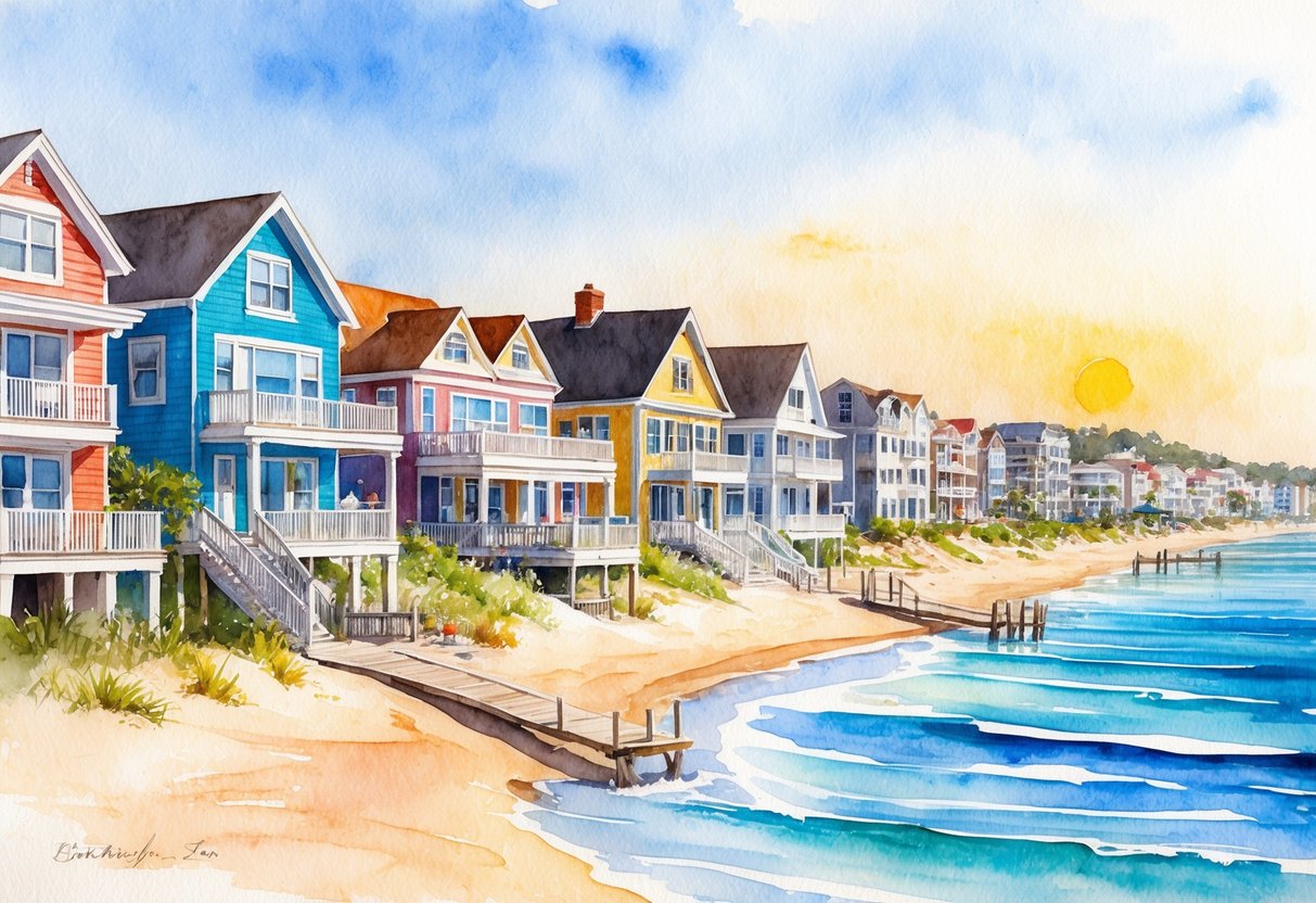 A sunny beach town with colorful beachfront homes and bustling real estate offices