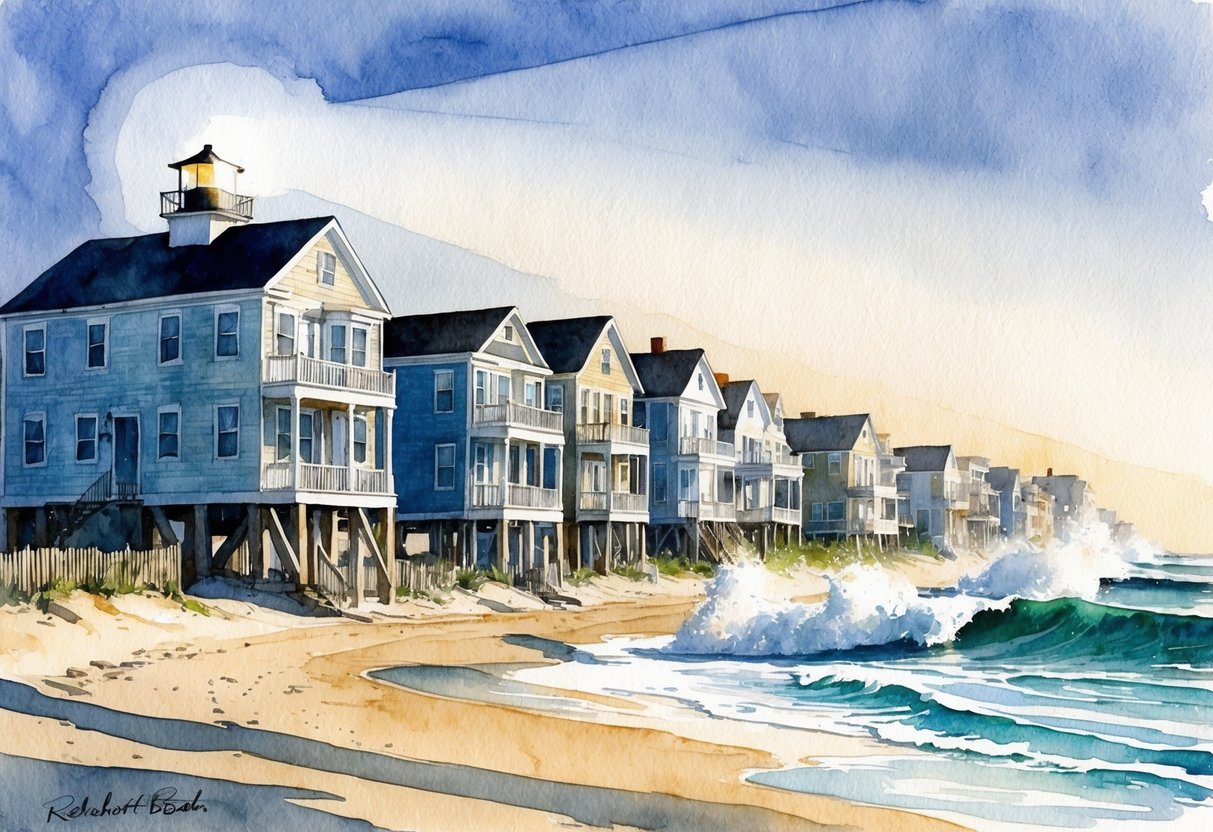 A spotlight shines on a row of beachfront properties in Rehoboth Beach, Delaware, with waves crashing in the background