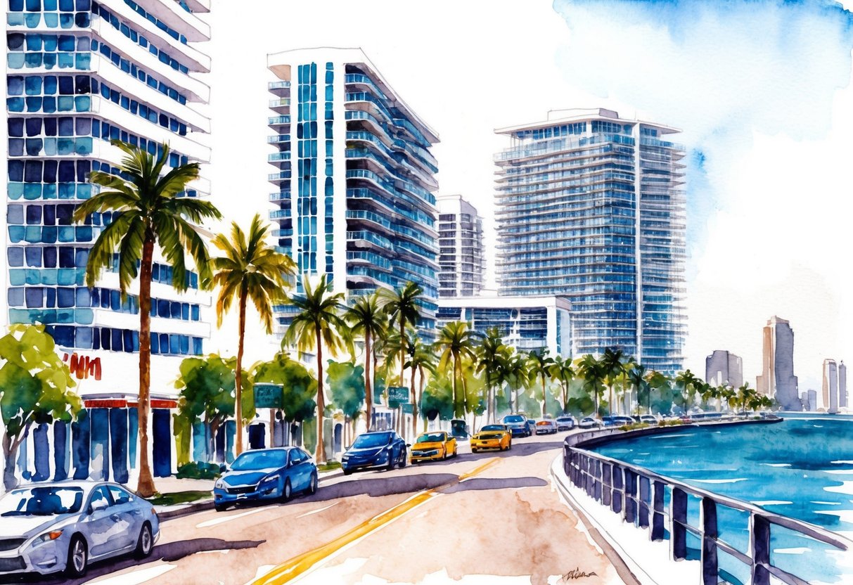 A bustling Miami street with palm trees, high-rise buildings, and luxury waterfront properties