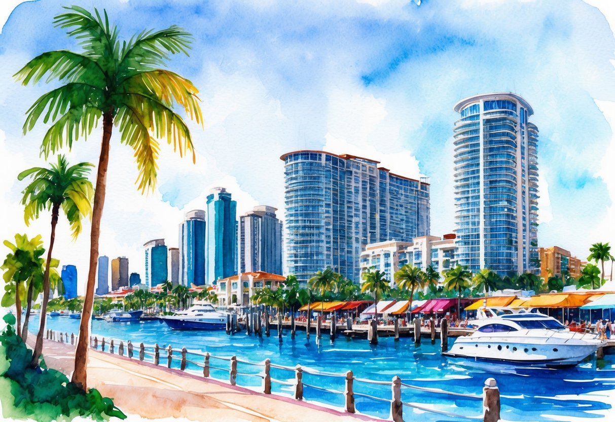 A sunny Miami skyline with palm trees, luxury waterfront properties, and bustling streets filled with vibrant shops and restaurants