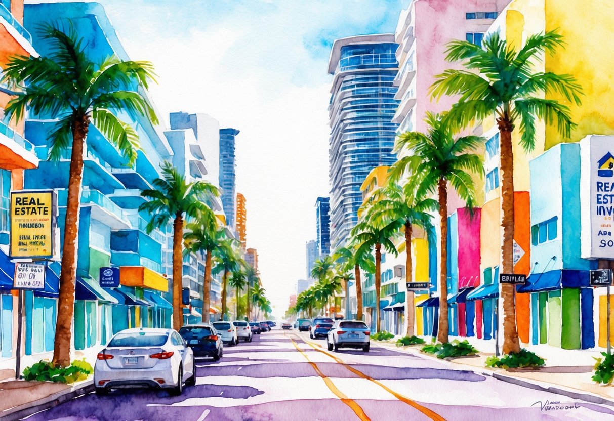 A bustling Miami street lined with colorful, modern buildings and palm trees, with real estate investment signs and billboards visible