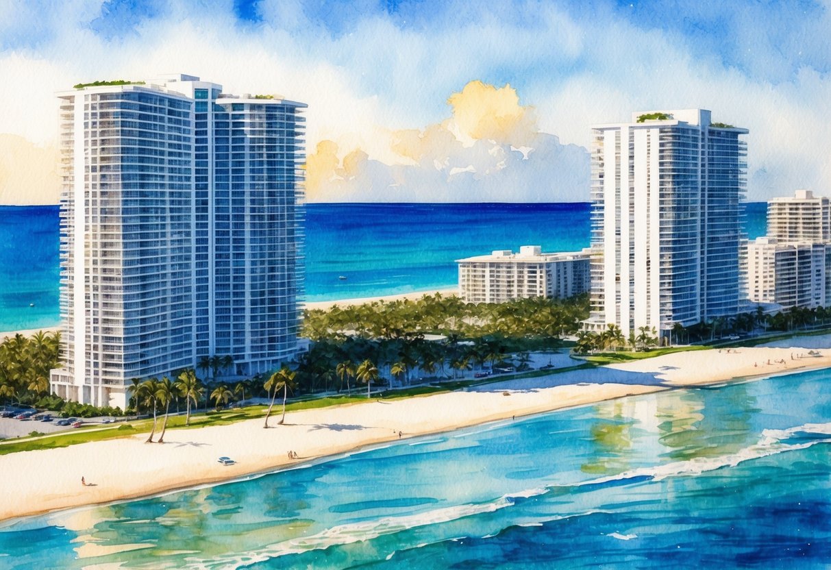 A sunny Miami beachfront with high-rise condos and palm trees, overlooking the ocean with a bustling real estate market