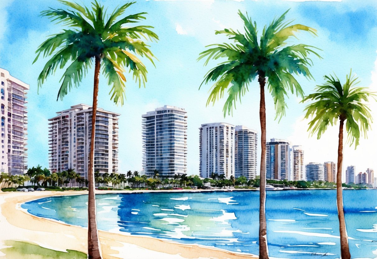 A sunny Miami beach with high-rise buildings and palm trees, overlooking a row of luxurious waterfront investment properties