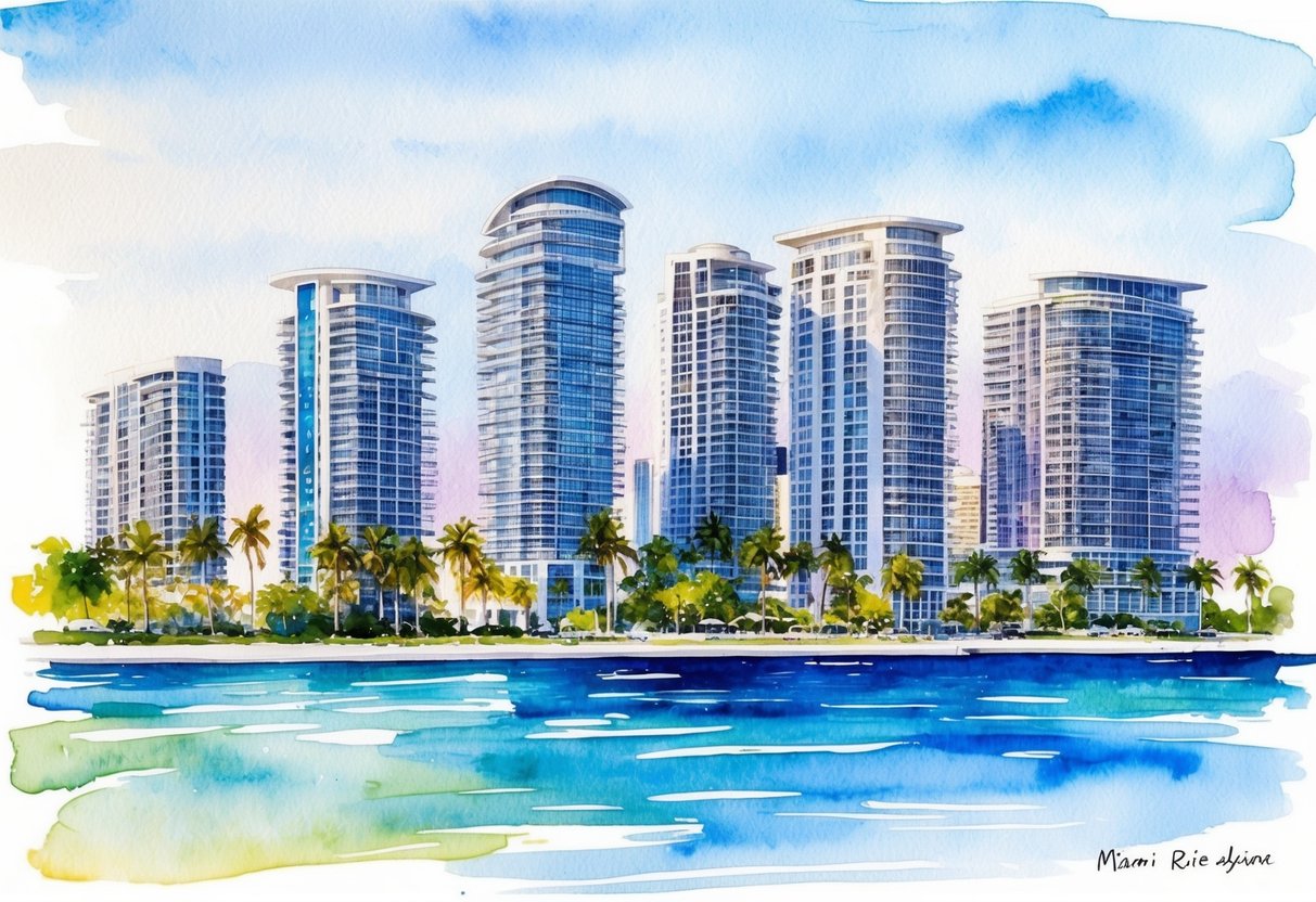A vibrant Miami skyline with modern high-rise buildings and palm trees, showcasing the city's emerging real estate opportunities