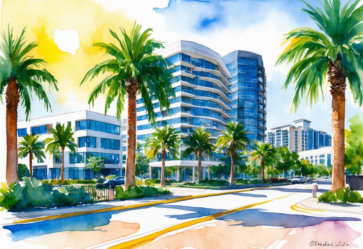 A sunny day in Orlando, FL, with palm trees and modern buildings, a vibrant real estate market