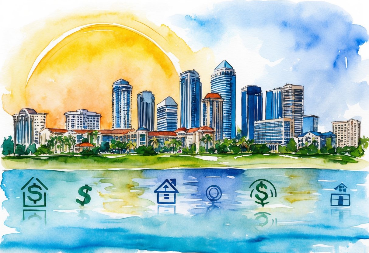 A sunny Orlando skyline with various real estate properties and investment symbols in the foreground