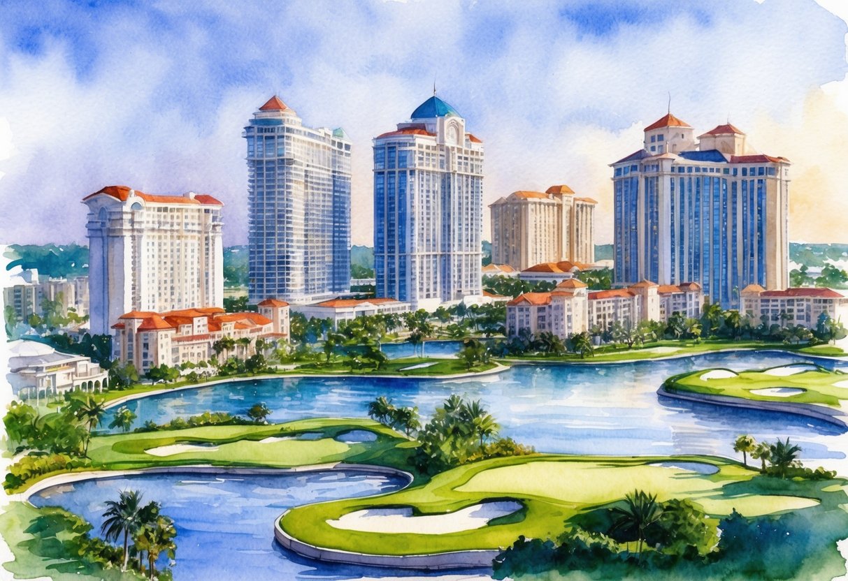 A bustling city skyline with high-rise hotels and luxury vacation homes surrounded by lush golf courses and theme parks in Orlando, Florida