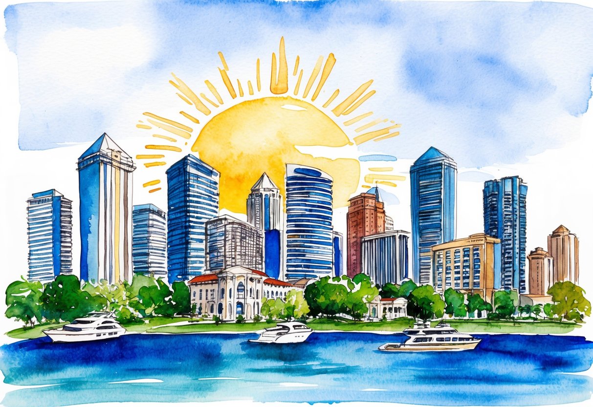 A sunny Orlando skyline with diverse real estate properties and investors strategizing