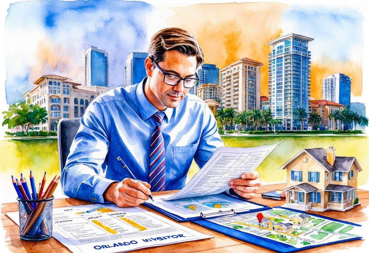 A real estate investor in Orlando, FL reviews legal documents and regulations while studying property listings and city maps