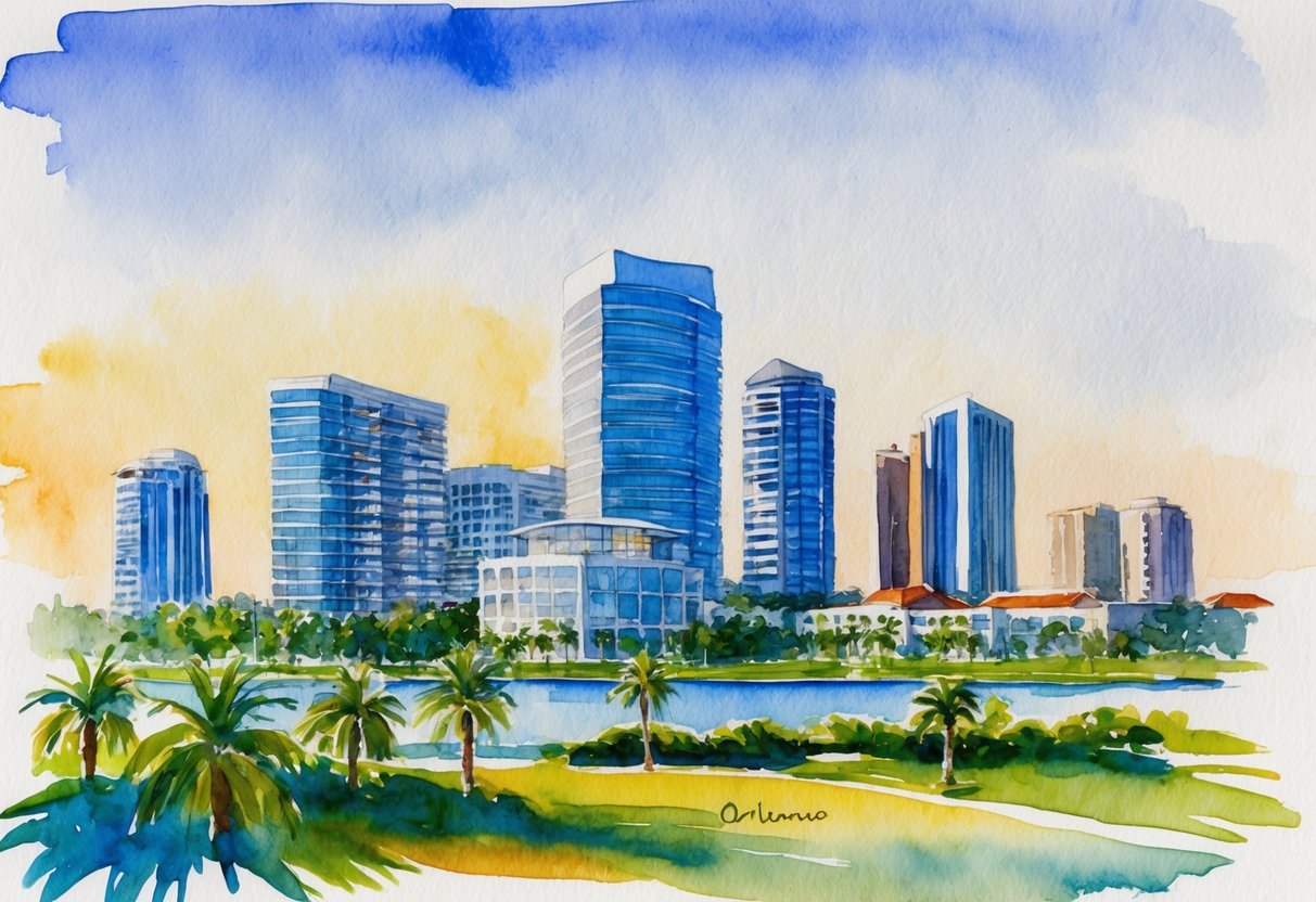 A sunny Orlando skyline with modern office buildings and palm trees, surrounded by a bustling real estate market