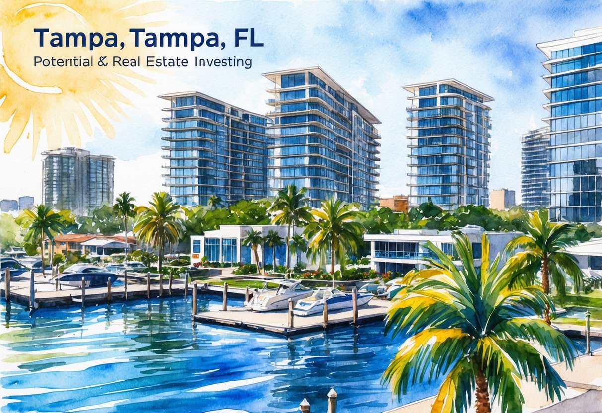 A sunny day in Tampa, FL with palm trees, modern buildings, and a waterfront view, showcasing the potential for real estate investing