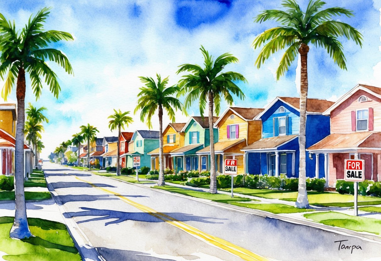 A sunny Tampa street with rows of colorful houses and "For Sale" signs, surrounded by palm trees and a clear blue sky
