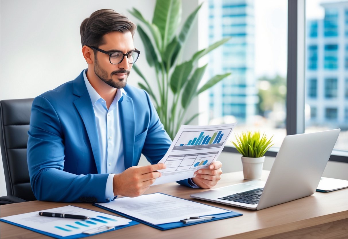 A real estate investor in Tampa, FL reviews legal documents and compliance regulations at a desk with a laptop and paperwork