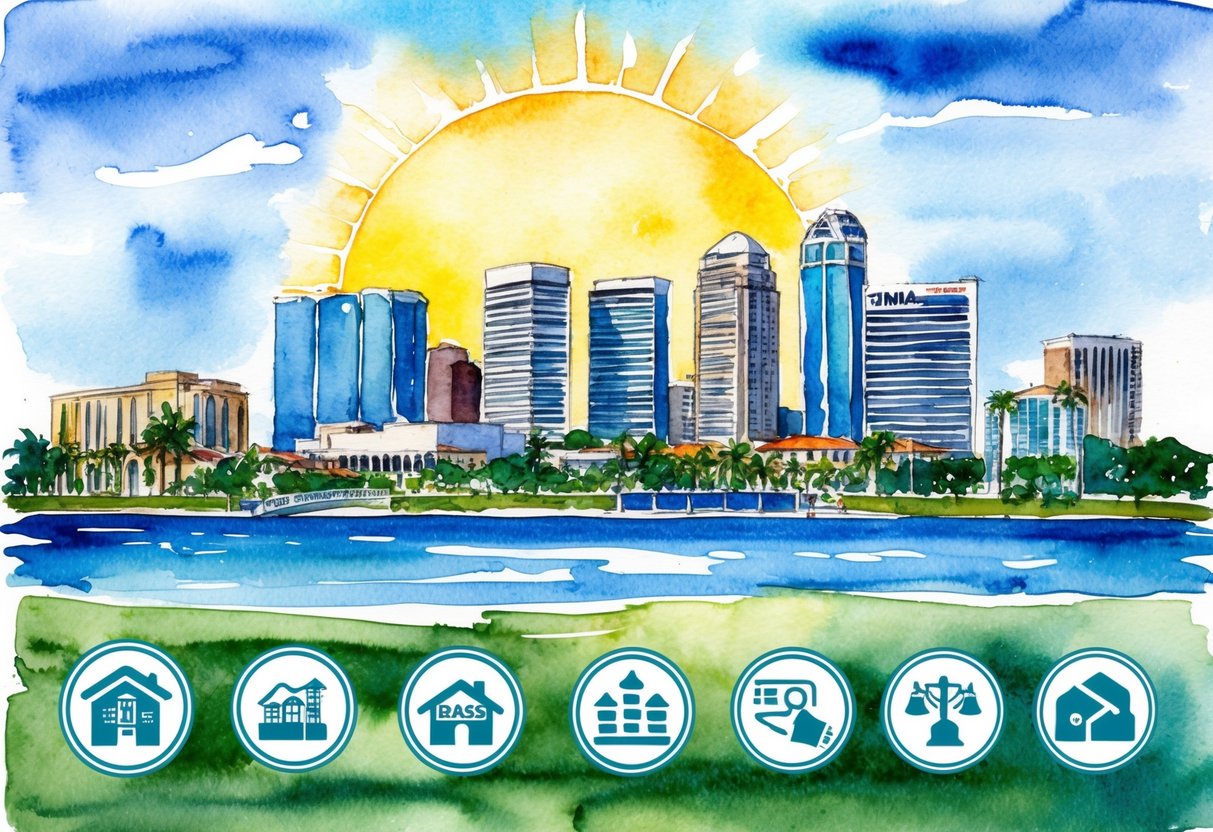 A sunny Tampa skyline with various investment properties and risk management symbols in the foreground