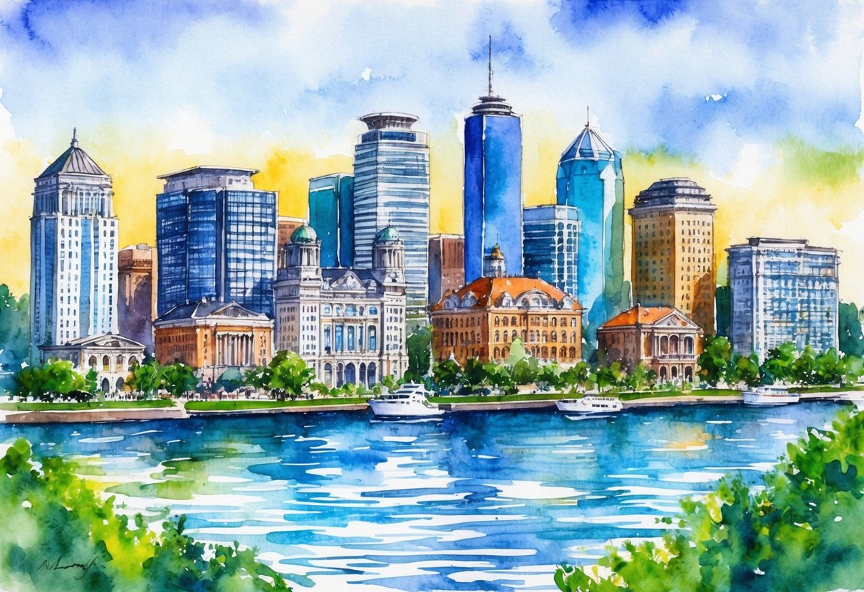 A vibrant city skyline with a mix of modern high-rises and historic buildings, surrounded by lush greenery and waterfront views