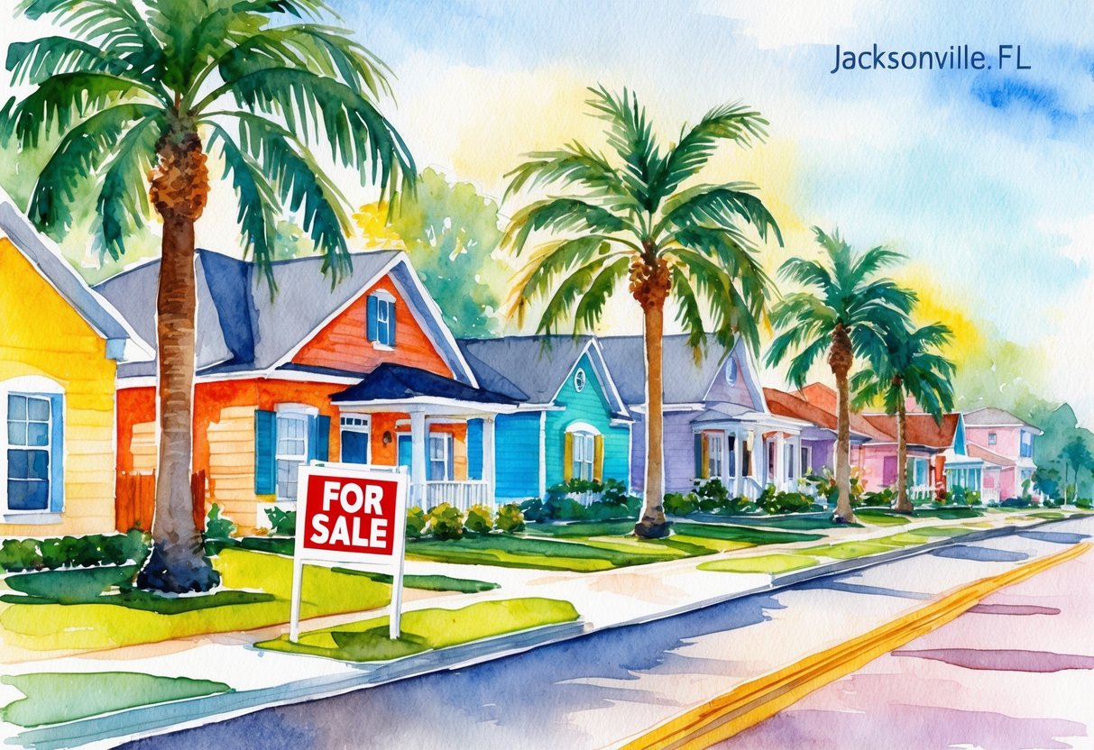 A sunny day in Jacksonville, FL, with a row of colorful, well-maintained houses and palm trees lining the street. A "For Sale" sign stands in front of one of the properties