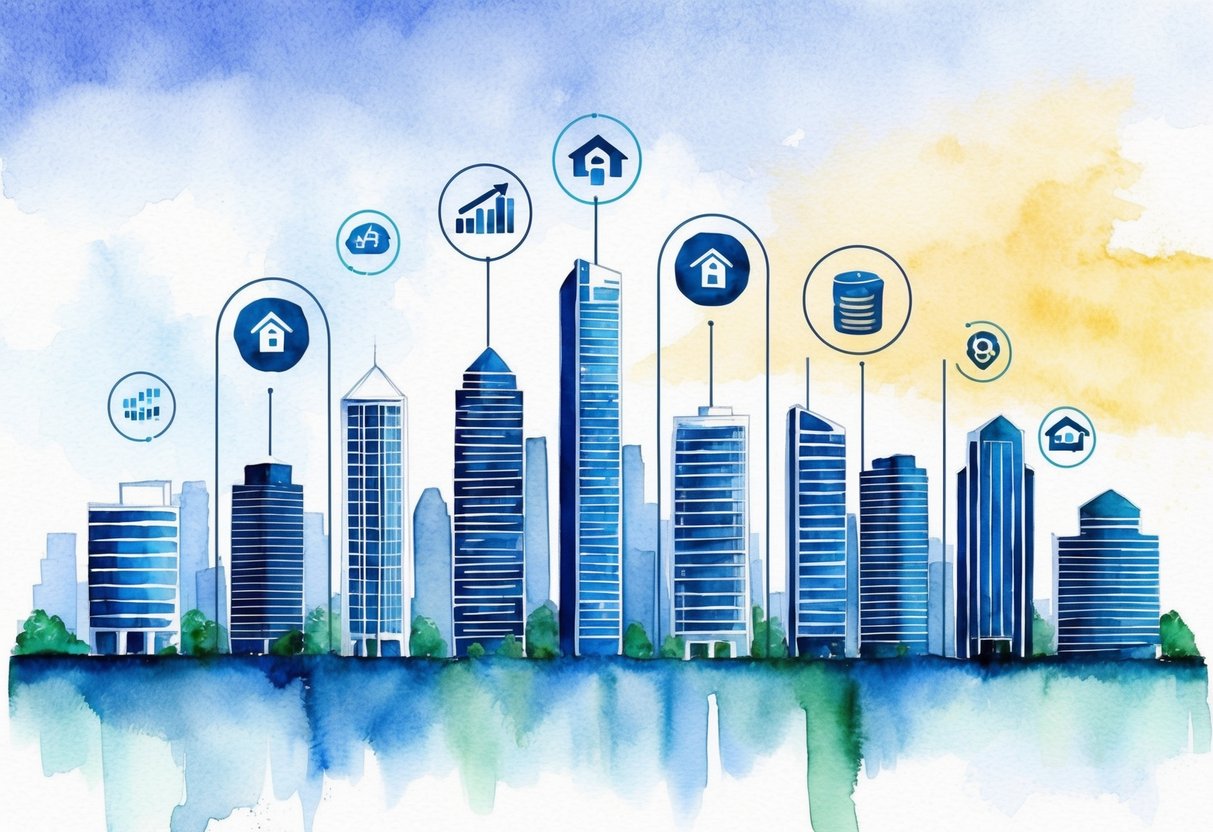 A modern city skyline with real estate tech and data symbols integrated into the buildings, representing the role of technology in real estate investing