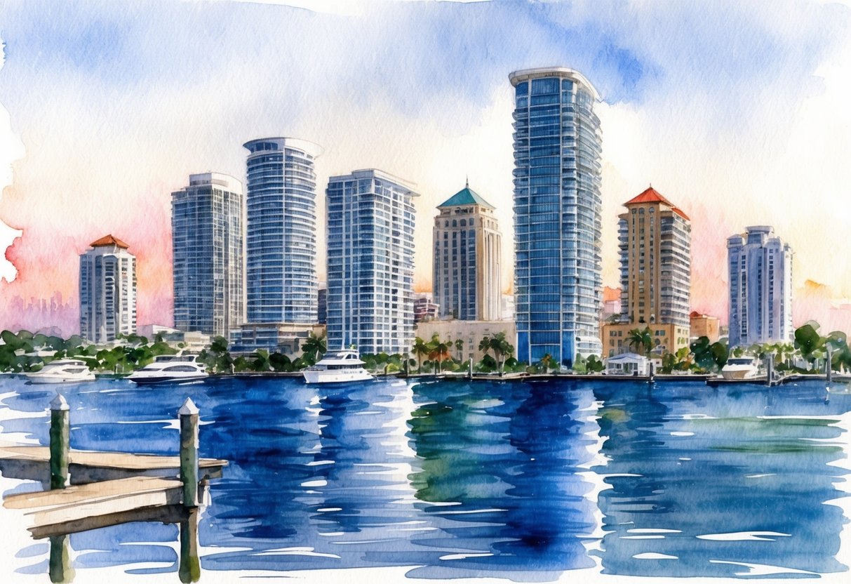 A modern city skyline with high-rise buildings and waterfront properties in Jacksonville, Florida