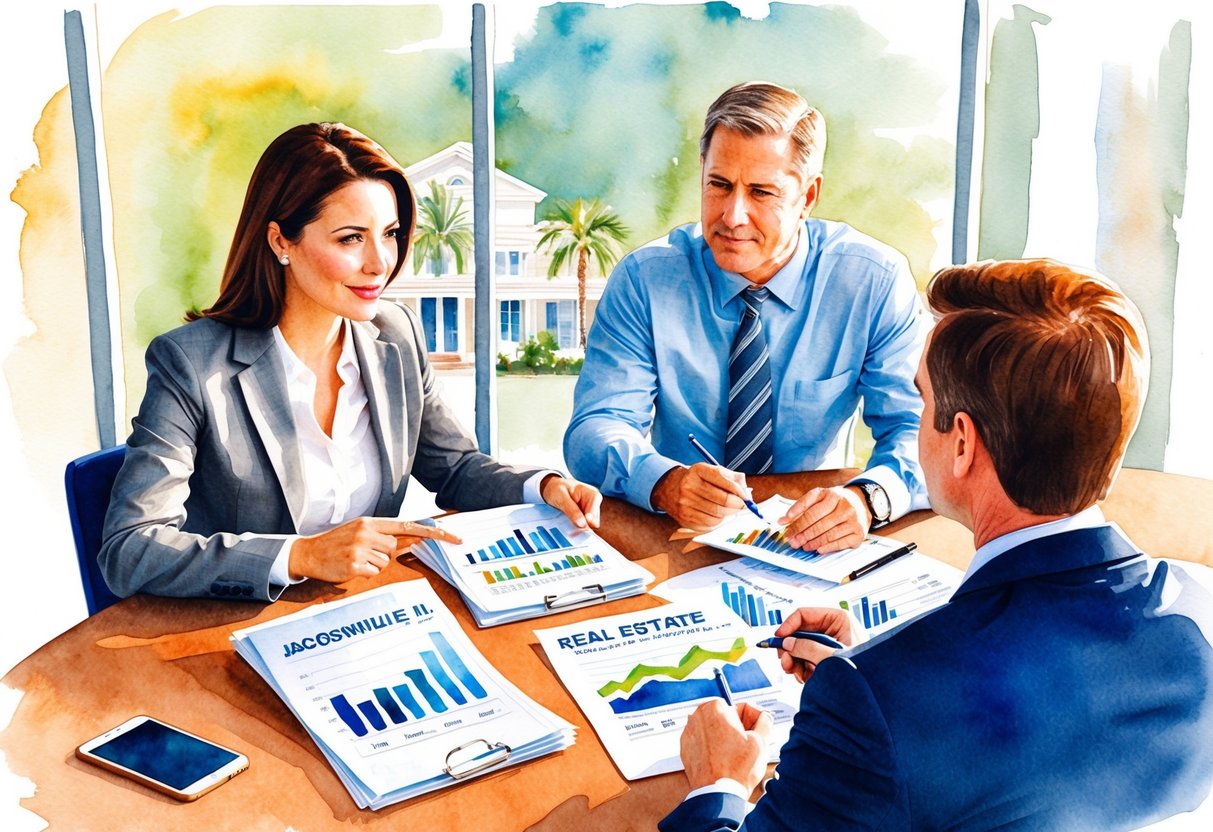 A couple of investors discussing real estate in Jacksonville, FL with financial documents and charts spread out on a table